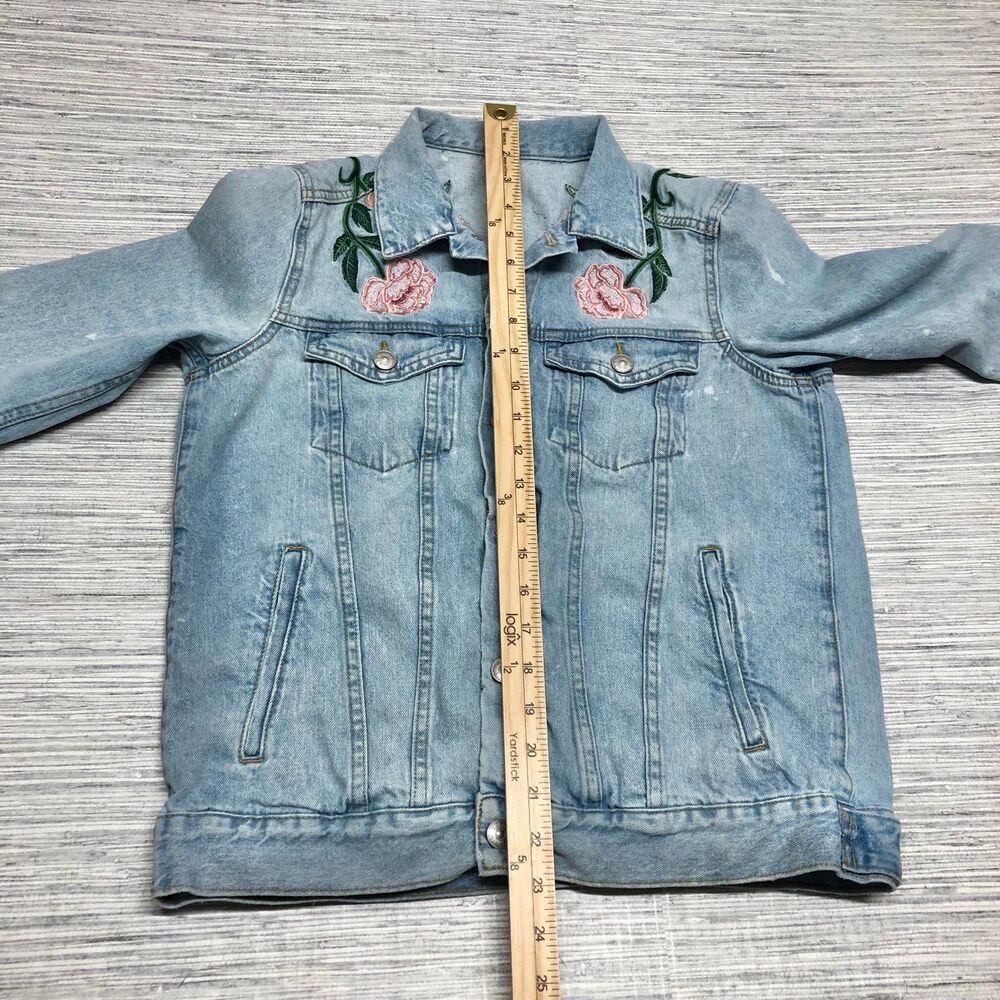 H& M La Belle Vie Jean denim Jacket distressed embroidered flower bees size 8 - Picture 6 of 12